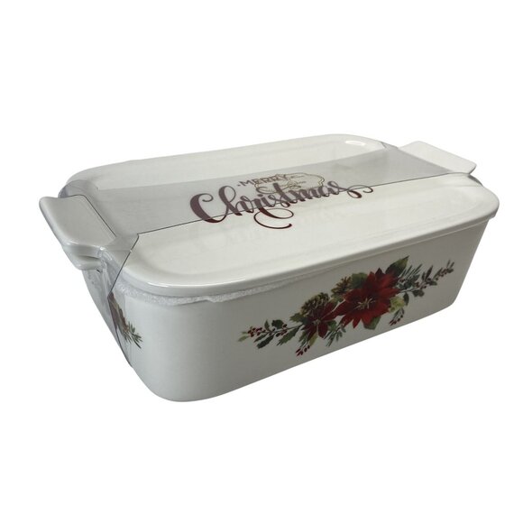 Grace Pantry Elegant Porcelain Christmas Baking Dish w/ Lid Poinsettia Design - Picture 2 of 9